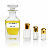 Denhil Silver by Surrati, a Dunhill Silver-inspired fresh aquatic citrus perfume oil for men, displayed with three gold-capped attar bottles