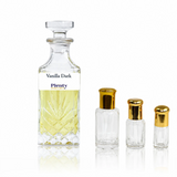 Vanilla Dark perfume oil, a Dark Vanilla-inspired unisex fragrance with rich vanilla, tuberose, jasmine and musk, displayed with three gold-capped attar bottles